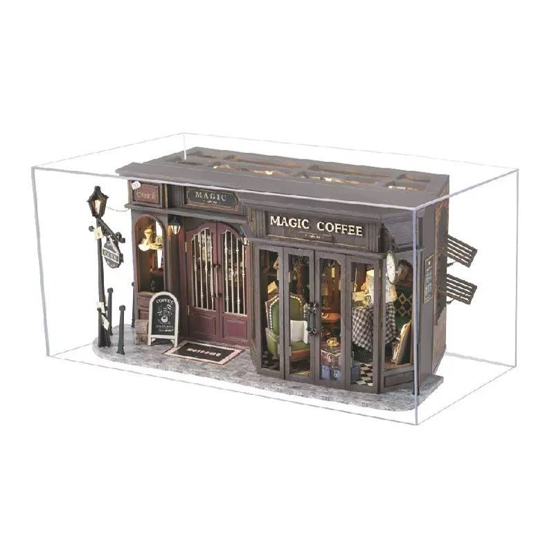 Retro Magic Coffee Shop Dollhouse Kit with LED, HiNooki DIY Wooden