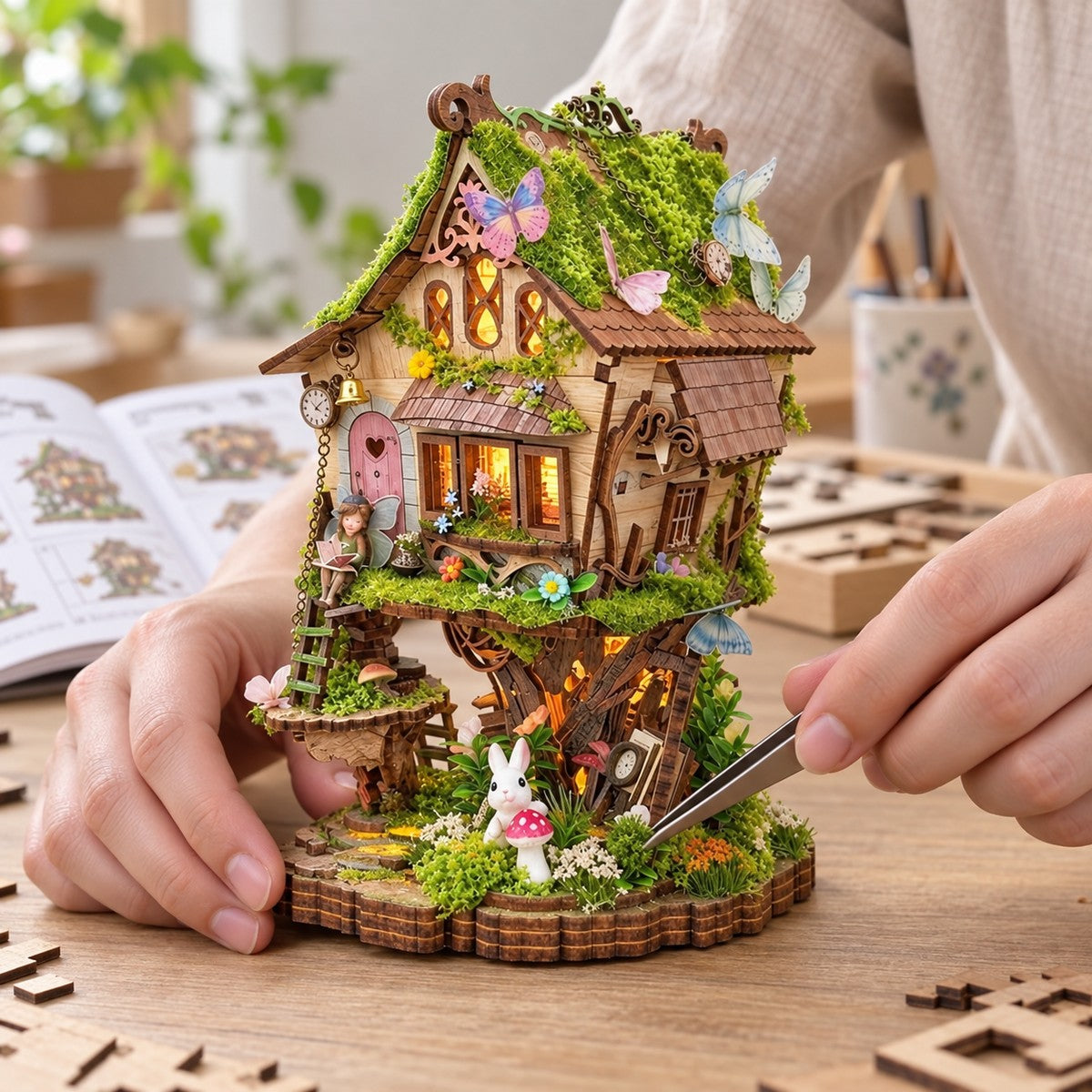 Rowan's Treehouse — finished miniature in an everyday setting (AI-assisted visualization)