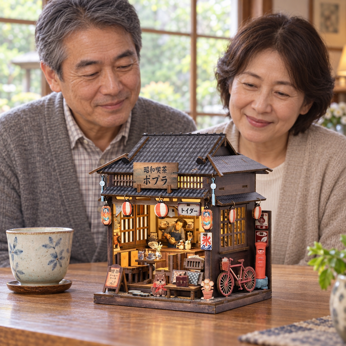Showa Teahouse — completed miniature in a sharing scene (AI-assisted visualization)