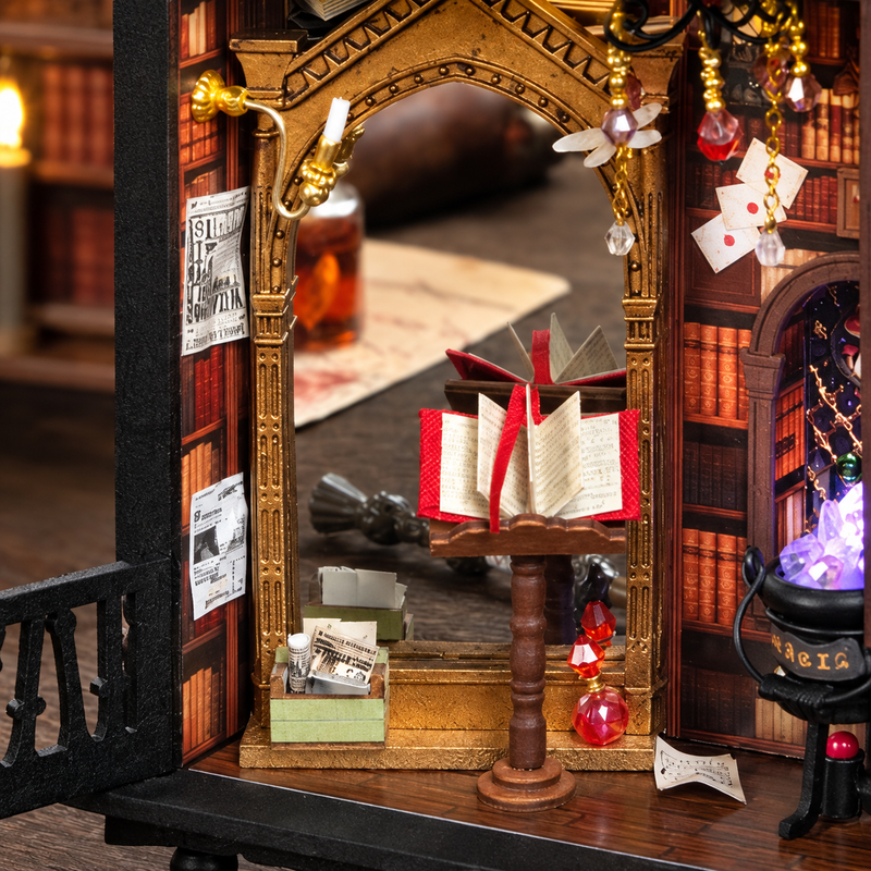 A spellbook before the arched mirror