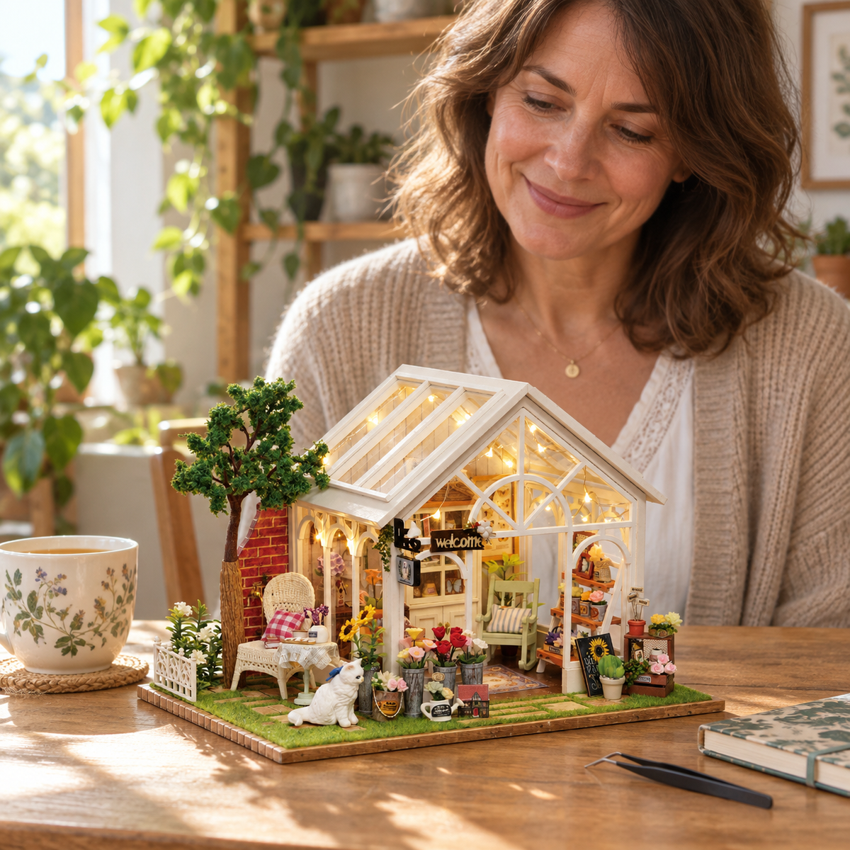 Sunshine Greenhouse — completed miniature in a sharing scene (AI-assisted visualization)