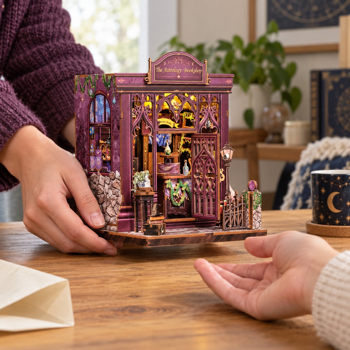 The Astrology Bookshop — finished miniature in an everyday setting (AI-assisted visualization)