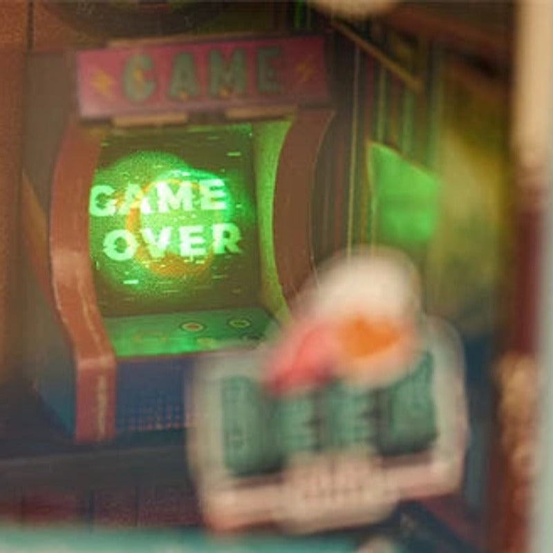 A tiny arcade corner glowing green