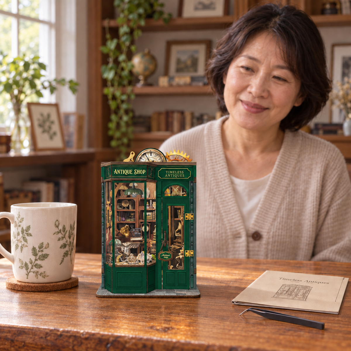 Timeless Antiques — completed miniature in a sharing scene (AI-assisted visualization)
