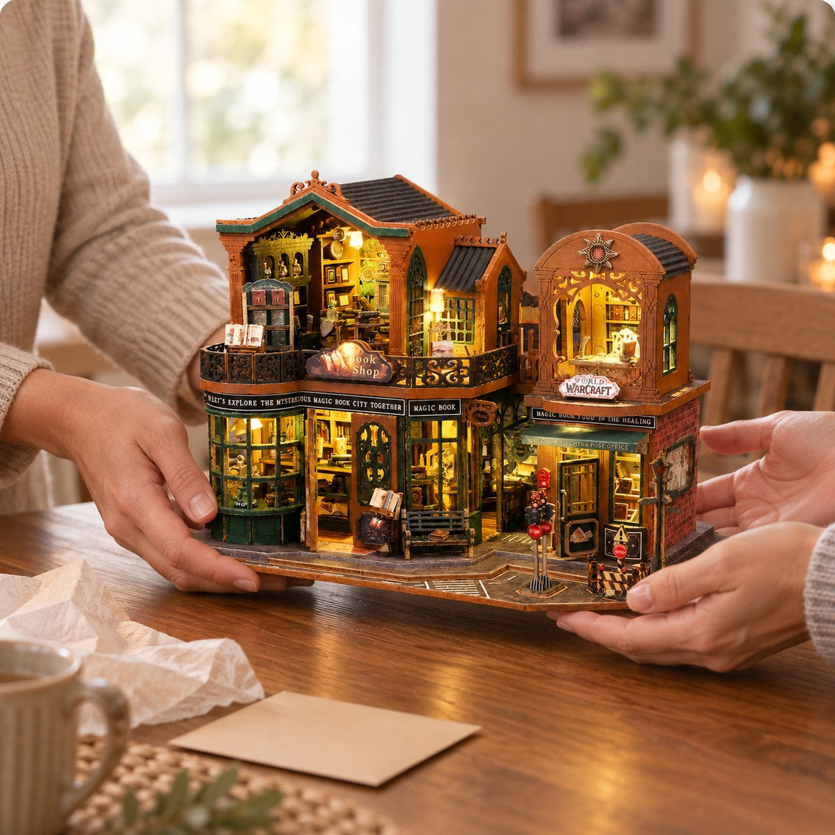 Twilight Bookstore — enjoying the finished miniature (AI-assisted visualization)