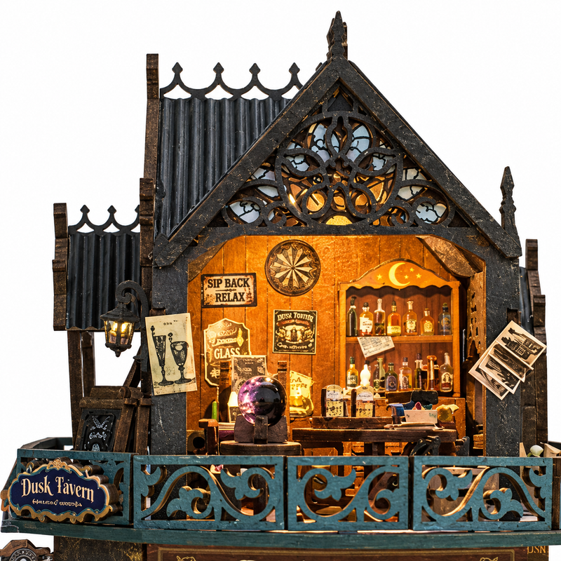 Gothic tracery above a teal balcony