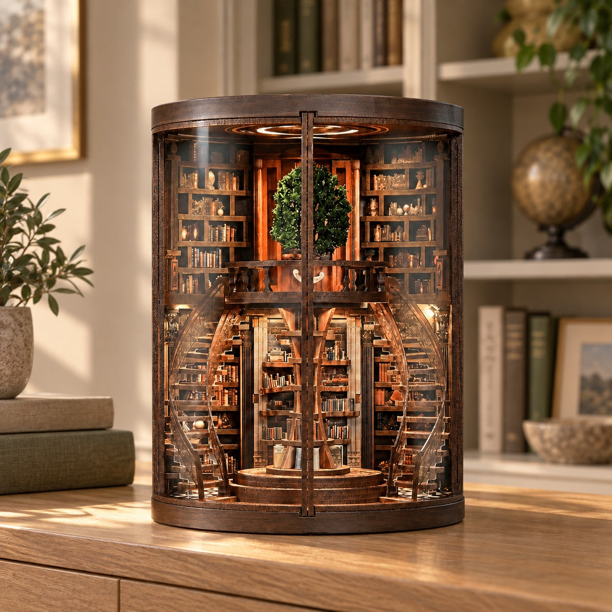 Wisdom Rings Library on an oak console — styled display scene