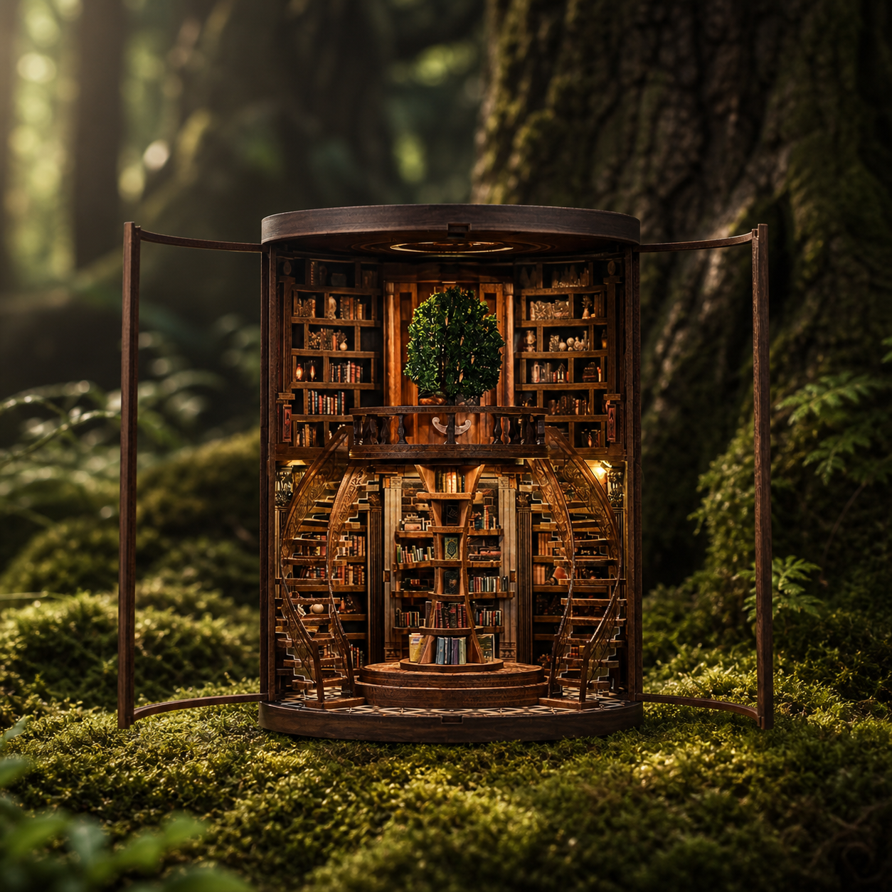 Wisdom Rings Library DIY book nook with open curved doors in a mossy woodland setting