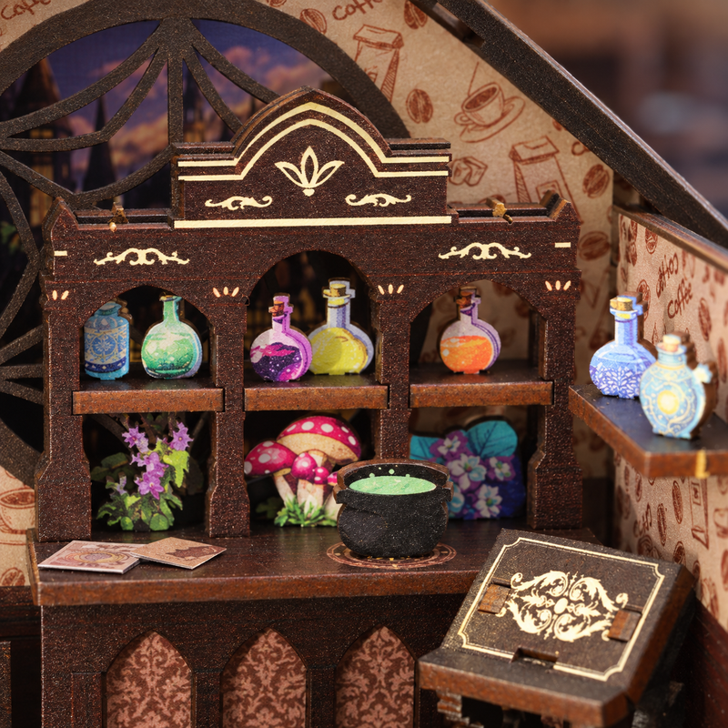 Colourful potion bottles gathered around a tiny cauldron.