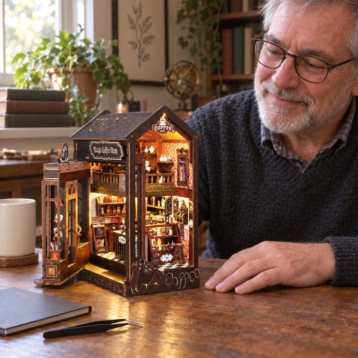 Witch’s Coffee Den — completed miniature in a sharing scene (AI-assisted visualization)